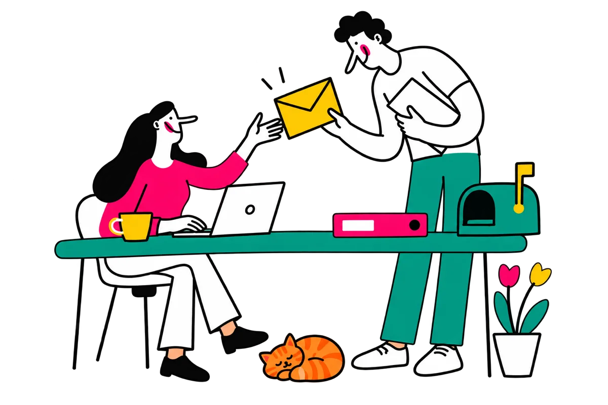 Illustration of staff handing over mail at a desk